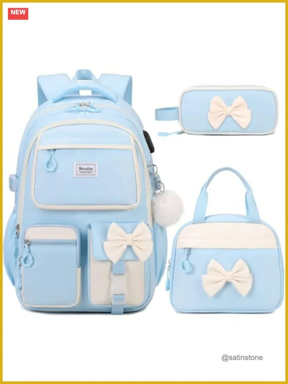 Cute Bow Backpack Set with Lunch Bag & Pen Case, USB Charging Port
